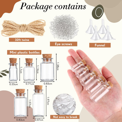 Bokon 25 Pack Mini Plastic Bottles with Corks Stoppers Eye Screws Funnels Small Potion Bottles Tiny Clear Sand Art Jar Wishing Vial for Birthday Party DIY Crafts Gift