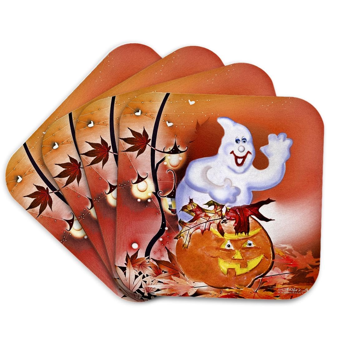 3dRose CST_4421_1 Halloween Ghost and Pumpkin Soft Coasters, Set of 4