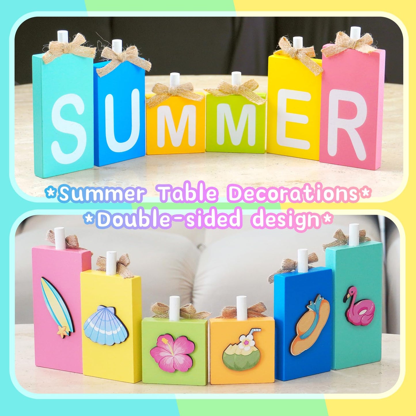 NYUWOAURC Summer Decorations for Home,6 Pcs Wooden Signs Letter Blocks,Rustic Farmhouse Summer Table Decoration Indoor,Double Sides Seasonal Decor Party Centerpiece For Tiered Tray Tabletop Shelf Desk Mantel