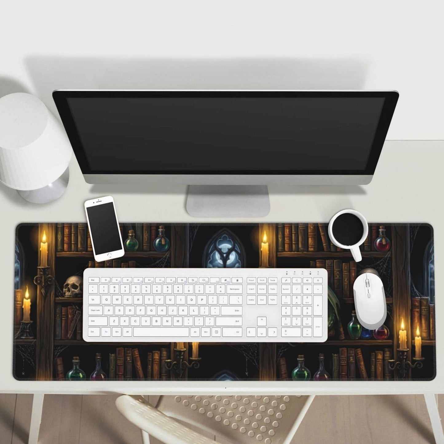 Wizard Library Large Gaming Mouse Pad 31.5 x 11.8 in Gothic Dragon & Magic Potions Desk Mat - Extended Non-Slip Rubber Base with Stitched Edges for Office & Home