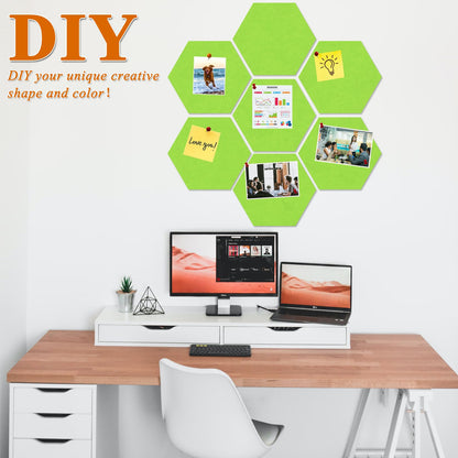 HULAVO Large Hexagon Felt Cork Board Tiles, Self Adhesive DIY Felt Bulletin Board Pin Board with 35 Pushpins for Office School Home Wall Decor Stickers Memos Photos Display(Bright Green)