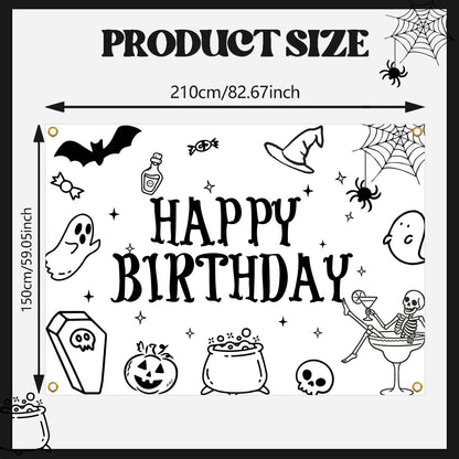 Halloween Happy Birthday Backdrop, Ghost Bat Pumpkin Skull Witch Birthday Party Decorations Halloween Themed Birthday Party Photo Background, 7 * 5Ft