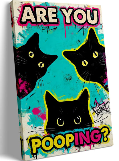 DUFIPOR Funny Black Cat Bathroom Wall Art, Are You Pooping? Graffiti Pop Art Canvas Prints, 12x16 Inch Humorous Bathroom Decor for Washroom Restroom, Trendy Cat Lover Gifts for Bathroom Wall Decor