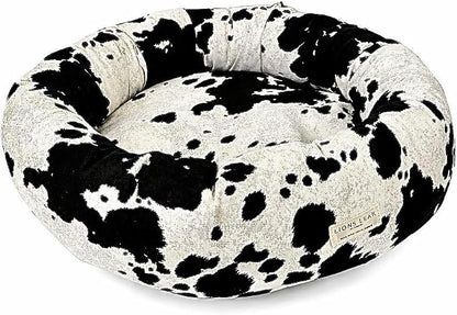 Round Dog Bed – Natural Canvas, Removable Washable Cover, Raw Cotton or Latex Fill, Hypoallergenic Non-Toxic, Made in USA (Cow Print Black White, Medium, Firm Support – Raw Cotton)