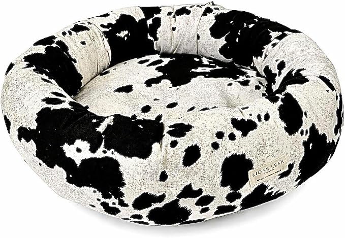 Round Dog Bed – Natural Canvas, Removable Washable Cover, Raw Cotton or Latex Fill, Hypoallergenic Non-Toxic, Made in USA (Cow Print Black White, Medium, Soft Comfort – Organic Latex)