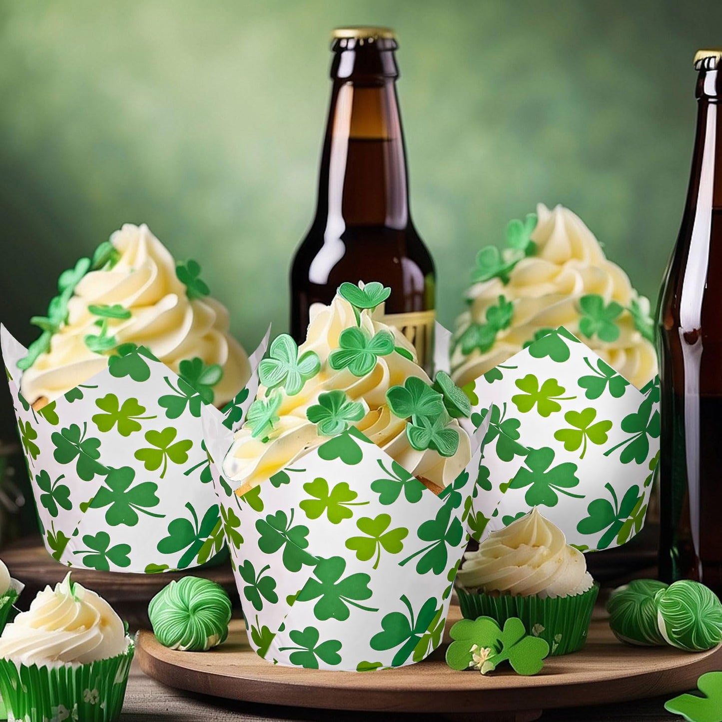 FYSUIMU 200Pcs St. Patrick's Day Tulip Cupcake Liners Green Shamrock Muffin Baking Cups Clover Cupcake Wrappers for Spring Irish Holiday Party Supplies