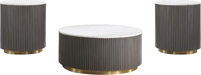 Coaster Home Furnishings - Jason - Wood and Metal - 3-Piece Coffee Table Set with Marble Tops, Reeded Drum Bases, and Gold Ring Accents - Living Room - Charcoal and White Marble - 710418-S3
