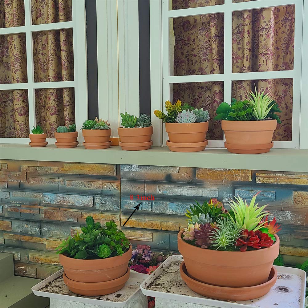 Yishang Large Terracotta Pots with Saucer/Tray for Succulent - 8 Inch Cactus Plant Containers Indoor Garden Bonsai Pots with Drainage Hole - Set of 2, Unglazed Clay Ceramic Pottery Planter