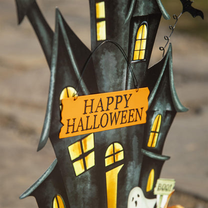 Glitzhome 32" H Halloween Metal Haunted House Yard Stake/Hanging Decor,Halloween Pumpkin Bats Ghost Garden Yard Sign for Lawn Decorations Outdoor Garden Halloween Party Decor