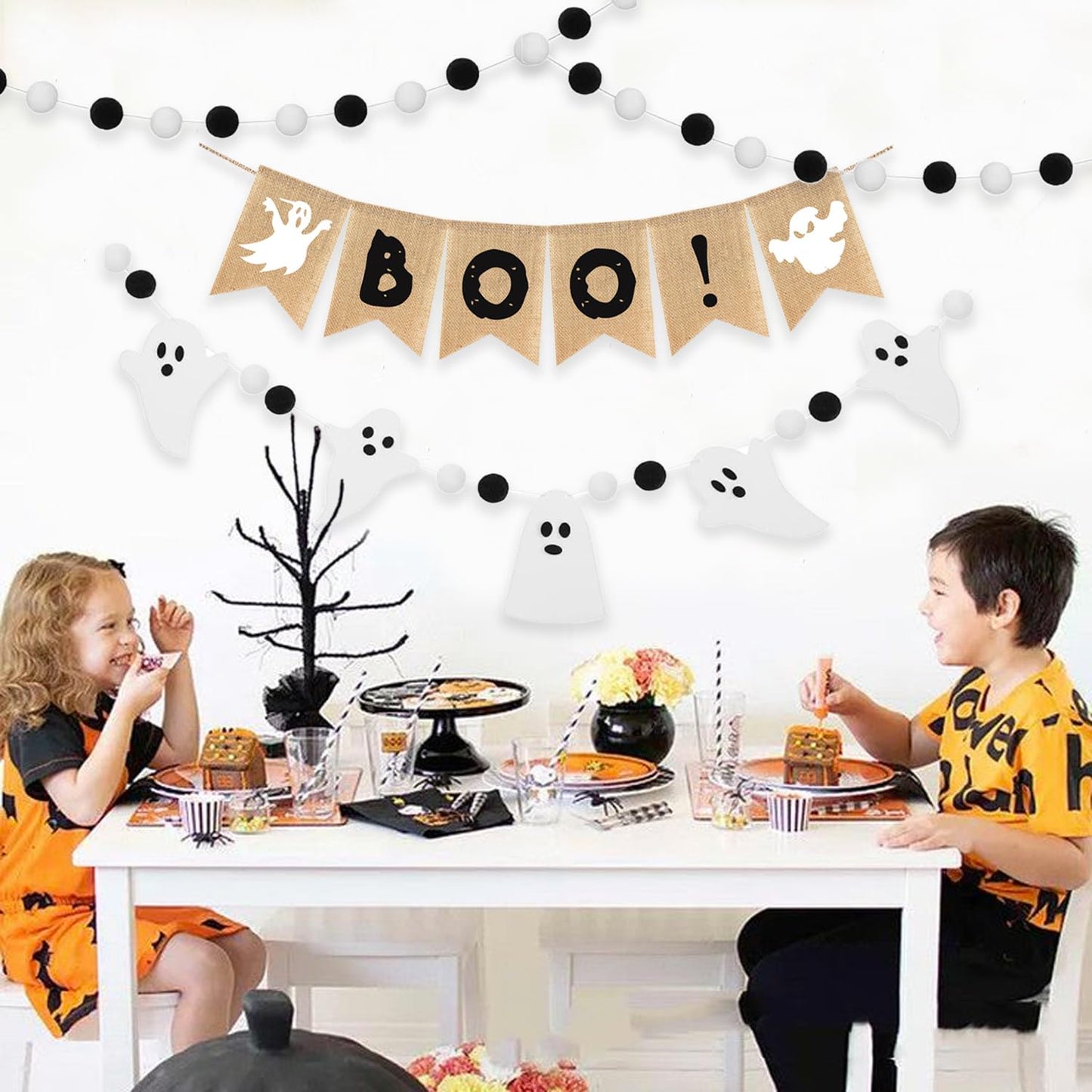 Boo Banner, 4 Pcs Halloween Natural Burlap Bunting Pennant and Cute Felt Ghost with Black White Pom Pom Ball Garland for Farmhouse Shelf Fireplace Mantel Tree Office Classroom Party Hanging Decoration