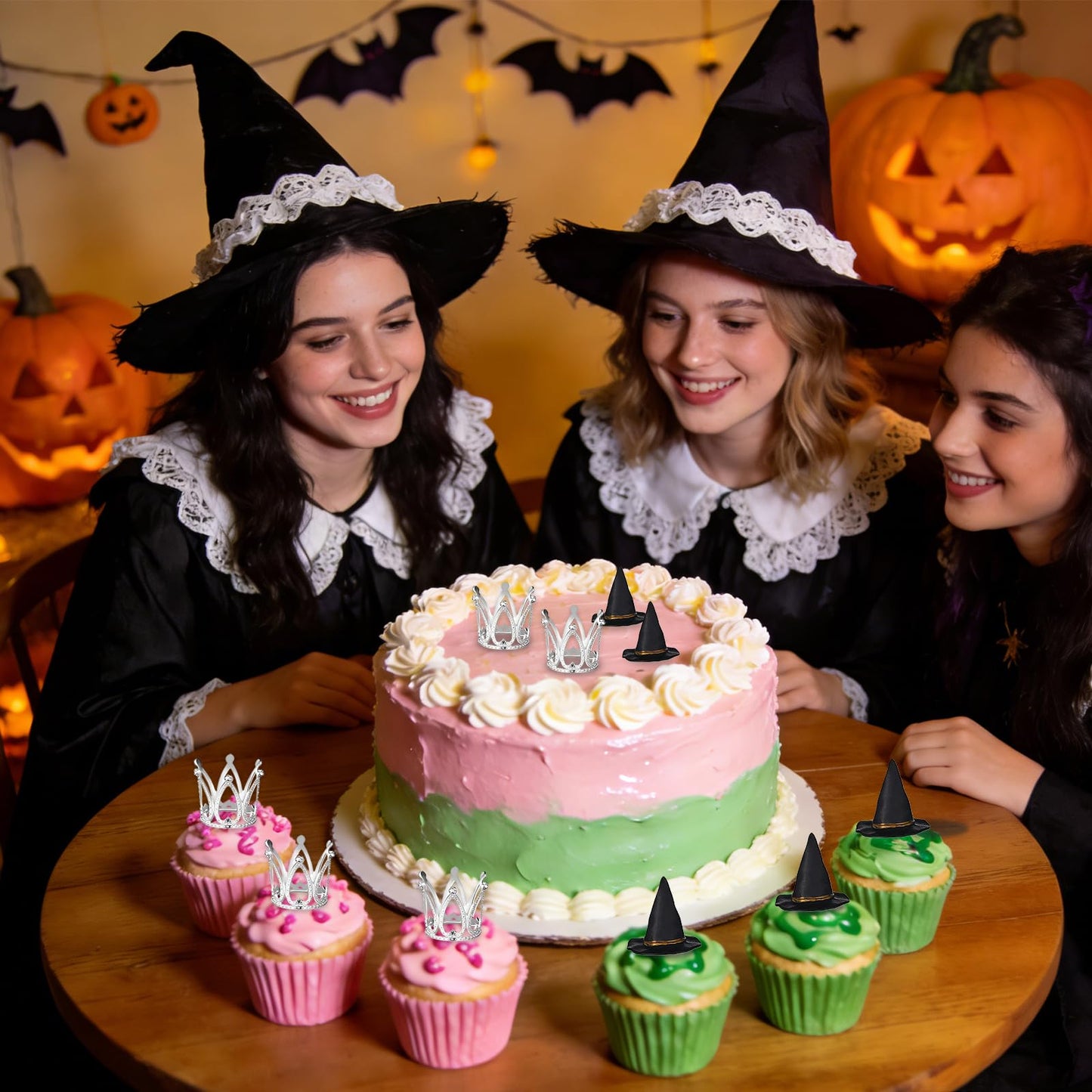 shuielai 24 Pcs Witch Hat & Crown Cake Topper, Mini Wizard Hats Silver Crown Cupcake Toppers, Wicked Witch Birthday Party Decorations & Princess Cake Accessories for Party Supplies & DIY Crafts