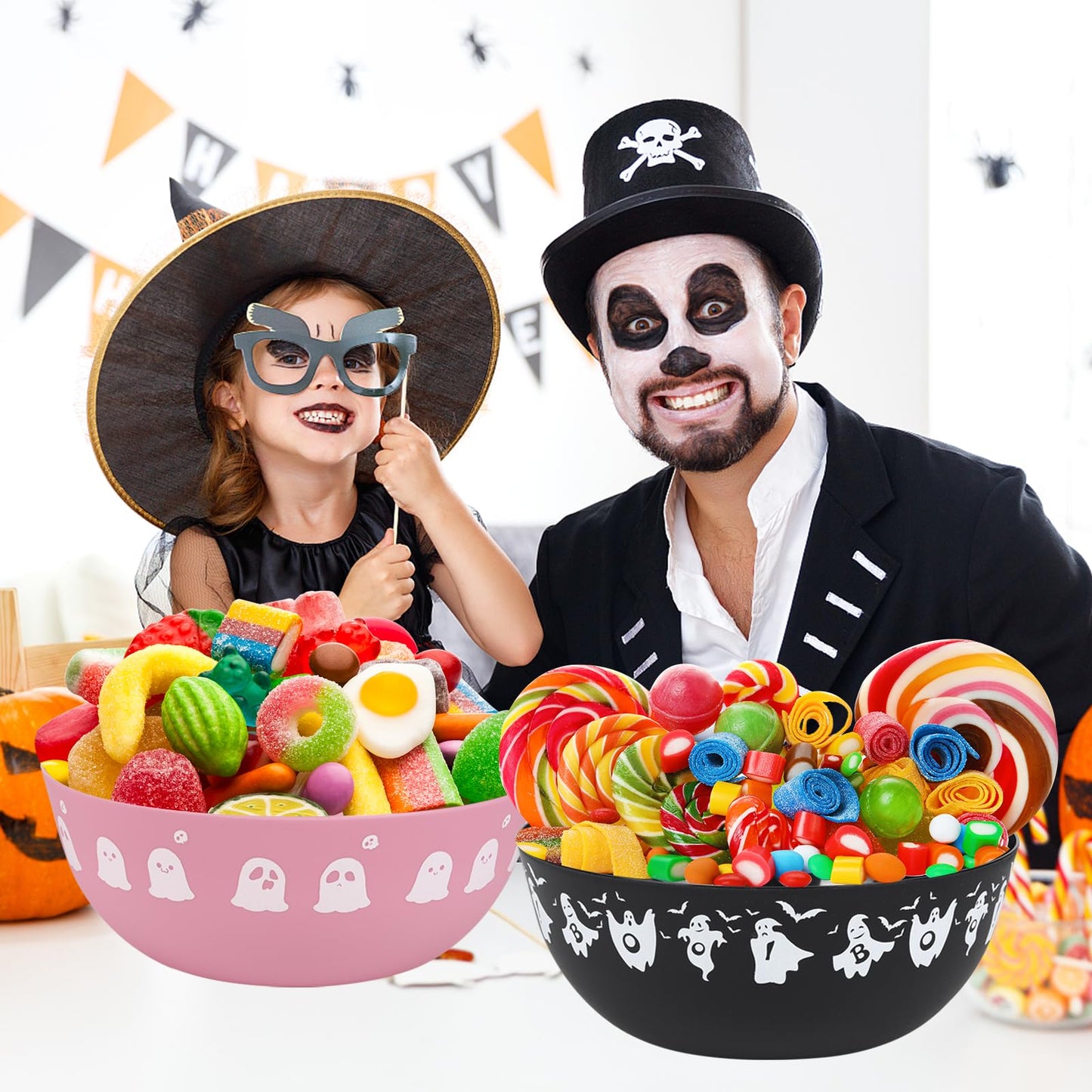 AUECOOME 4 Pieces halloween bowls for candy large - Plastic Trick or Treat Bowls, Reusable Serving plastic bowl for Halloween Party Supplies (Black Pink)