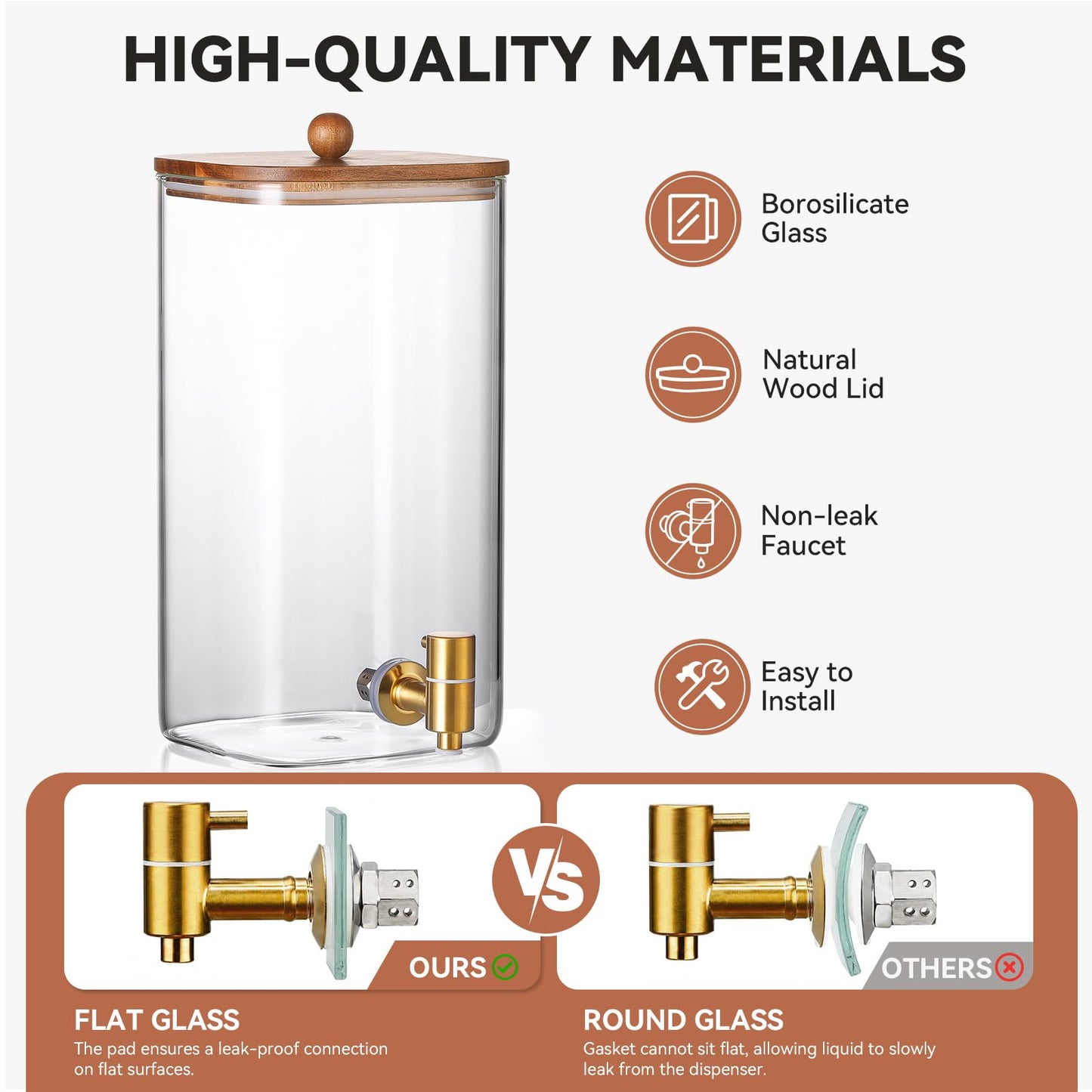 2 Pack 1.5 Gallon Square Glass Drink Dispenser with Wooden Stand & Lid, Large Beverage Dispenser with Stainless Steel Spigot, Juice & Lemonade Dispenser for Parties, Iced Tea, Water, Space-Saving