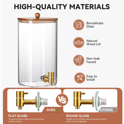 2 Pack 1.5 Gallon Square Glass Drink Dispenser with Wooden Stand & Lid, Large Beverage Dispenser with Stainless Steel Spigot, Juice & Lemonade Dispenser for Parties, Iced Tea, Water, Space-Saving