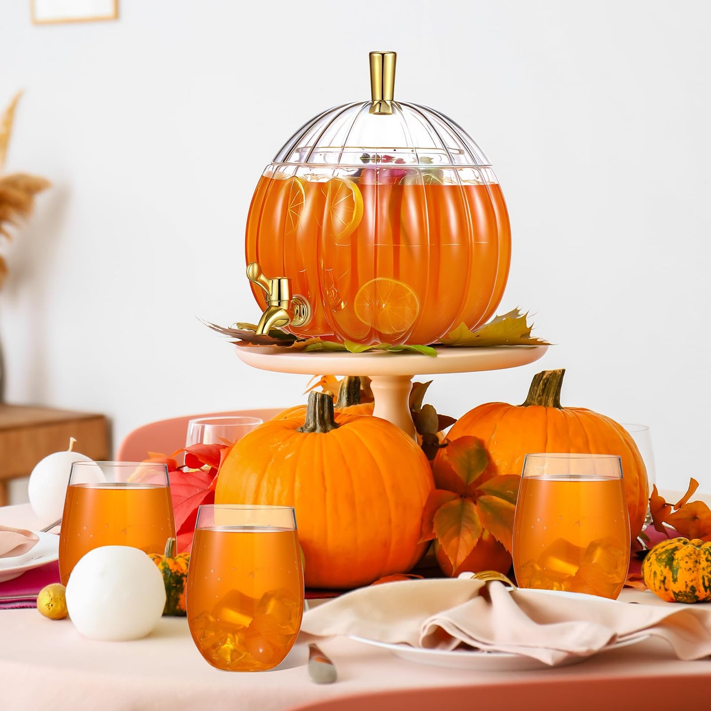 Potchen 1.3 Gallon Thanksgiving Pumpkin Drink Dispenser with 4 Clear Plastic Cups Pumpkin Shaped Drink Dispenser Fall Harvest Kitchen Decoration with Spigot for Halloween Autumn Party Supplies