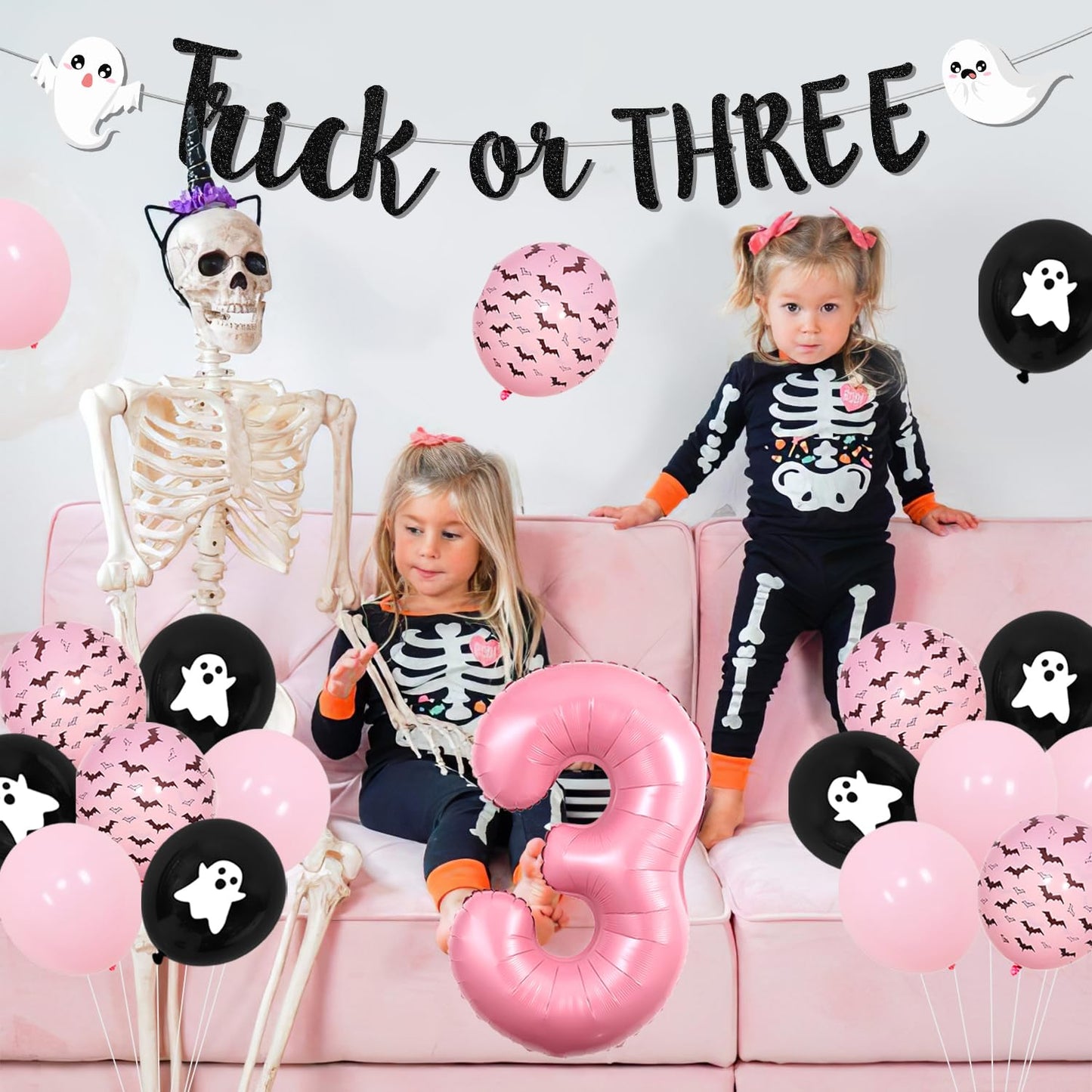 Trick or Three Theme Halloween 3rd Birthday Party Decorations Trick or Three Backdrop Banner Number 3 Foil Balloon Halloween Theme Cake Cupcake Toppers for Halloween 3rd Birthday Party Decor Favoers