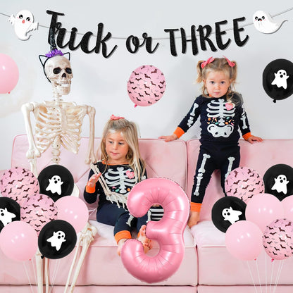 Trick or Three Theme Halloween 3rd Birthday Party Decorations Trick or Three Backdrop Banner Number 3 Foil Balloon Halloween Theme Cake Cupcake Toppers for Halloween 3rd Birthday Party Decor Favoers