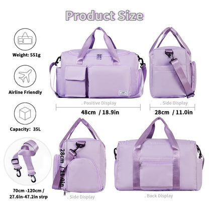 FIORETTO Women's Gym Duffle Bag with Shoes Compartment, 37L Capacity, Ideal for Travel, Gym, Sports, Duffel, Weekender, Lavender