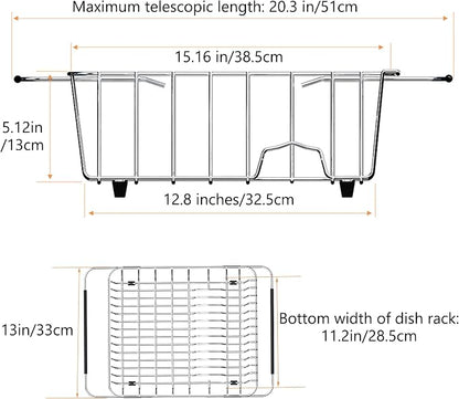 NiuYichee Stainless Steel Dish Drying Rack(15"L X 12.6"W X 4.7"H), Expandable Fruit & Vegetable Drain Rack over Sink, Dish Drainer Rack in Sink, with Stainless Steel Utensil Holder & Silicone Mat(16")