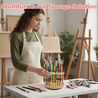 BREENHILL 71-Hole Rotating Paint Brush Holder, Large Capacity Wooden Paint Brush Organizer, 360° Spinning Brush Storage Rack for Watercolor, Acrylic, Calligraphy