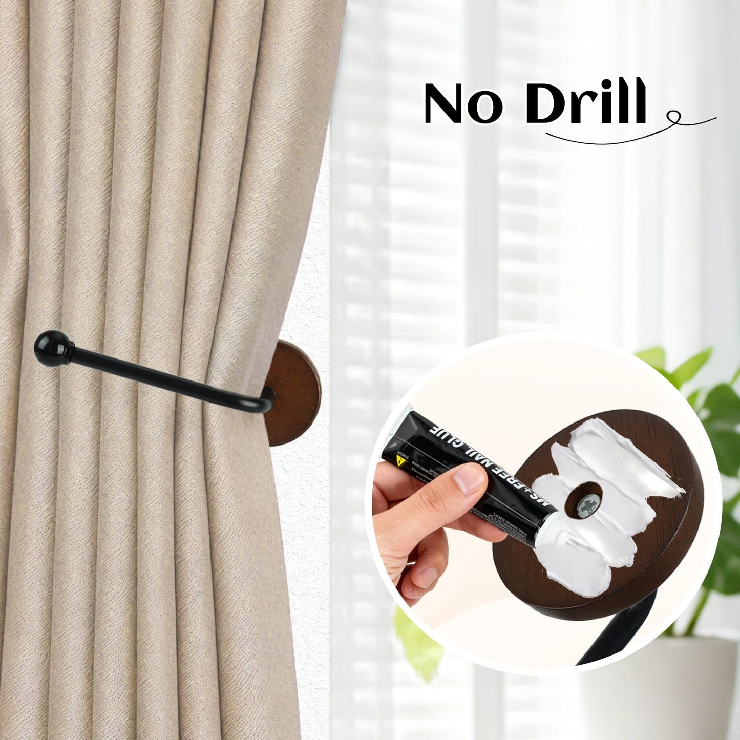 Earssa 2 Pack Adhesive Curtain Holdbacks no Drill Wood Curtain Tiebacks Wall Mounted Curtain Pull Backs Curtain Tie Backs for Drapes (Black)