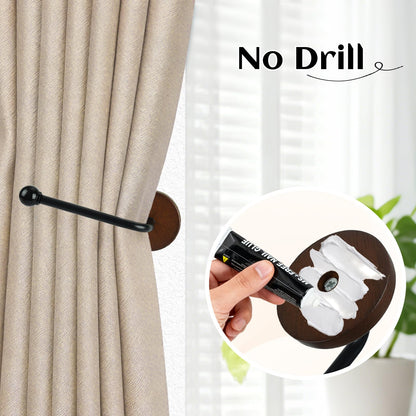 Earssa 2 Pack Adhesive Curtain Holdbacks no Drill Wood Curtain Tiebacks Wall Mounted Curtain Pull Backs Curtain Tie Backs for Drapes (Black)