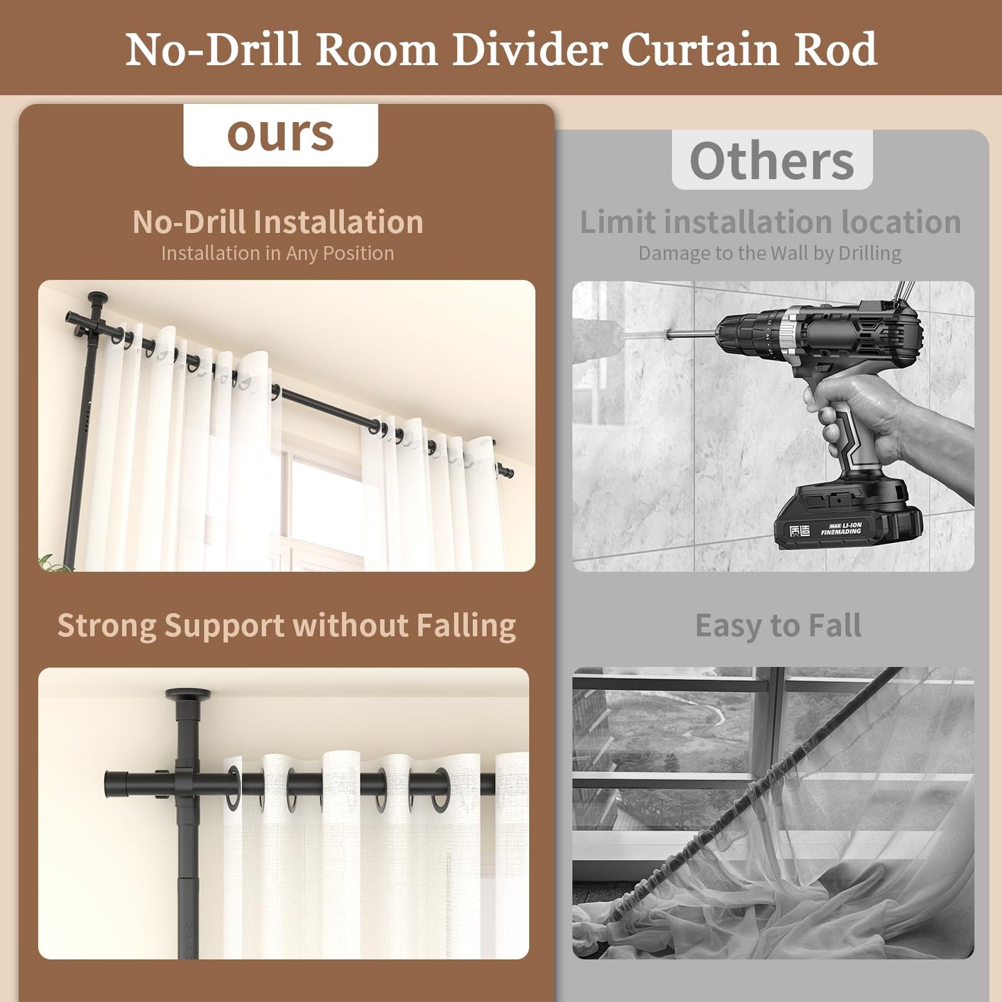 Room Divider Curtain Rod, No Drilling Room Separator for Space Partition Adjustable 4-10ft(H) 28-70inch(W) Heavy Duty Temporary Wall Divider Floor to Ceiling Tension Rod, Black