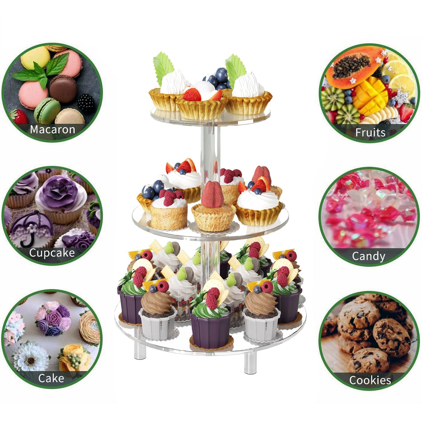 YadklDrnE 3 Tier Acrylic Cupcake Stand (6", 8", 10") with 4" Spacing - Clear Dessert Tower with Solid Rods - Stable Cake Display for Smash Cakes, Weddings & Party Decor (Clear)