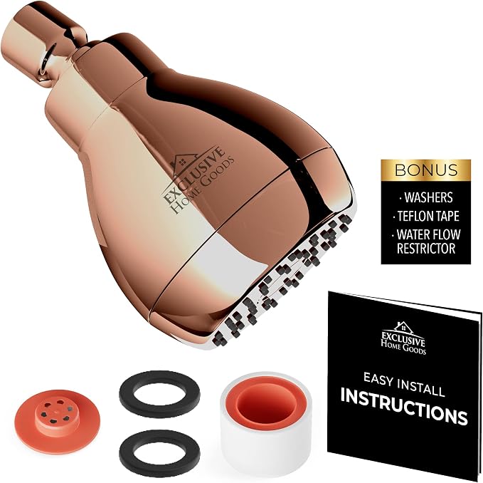 High Pressure Shower Head - Powerful Deluxe Bathroom Showerhead with Strong Spray Stream and Small Silicone Nozzles - Universal Fit Works with High and Low Water Flow Showers 1.8 GPM - Rose Gold
