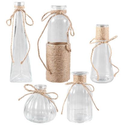 Cabilock 5pcs Glass Vases Set with Rope Design, Plant Terrarium Flower Arrangement Containers for Home Décor, Desktop Adornment, Includes Cone, Pumpkin, European Triangle Shapes