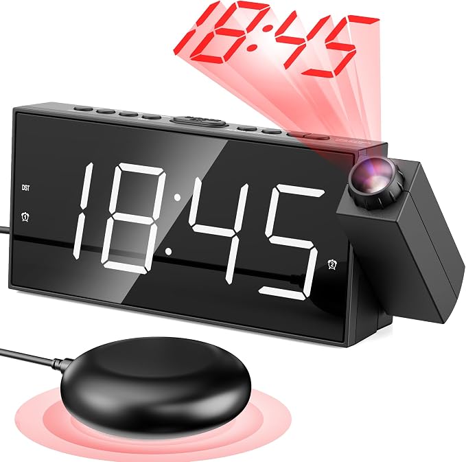 Mesqool Projection Alarm Clock with Bed Shaker, Dual Alarms, 180° Projector, 5-Level Dimmer, USB Phone Charger, Battery Backup, Loud Vibrating Alarm Clock for Heavy Sleepers, Snooze, DST