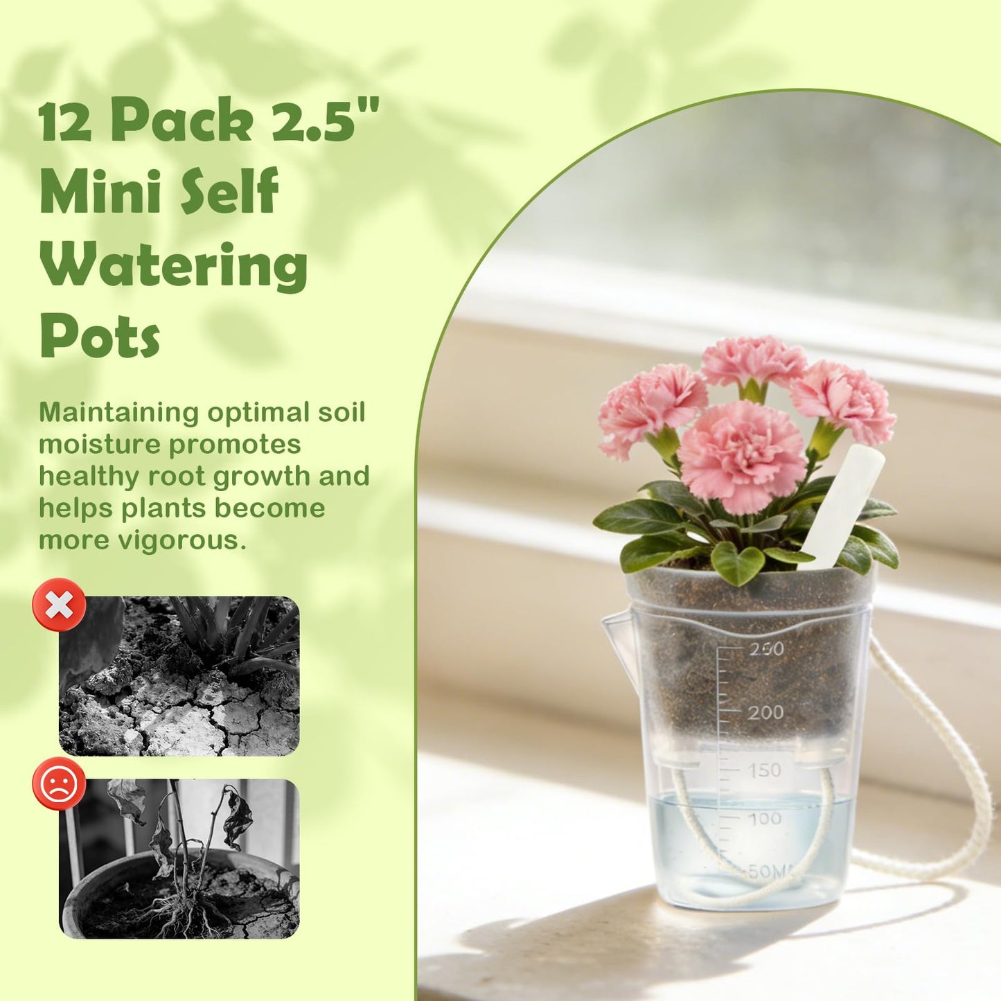 Shgxjjnb 16 Pack 2.5" Clear Self Watering Pots for Indoor Plants, Mini Clear Plastic Planters, with 16 Plant Label and Water Level and Drainage Holes for Seedlings, Cuttings, Succulents (Large)