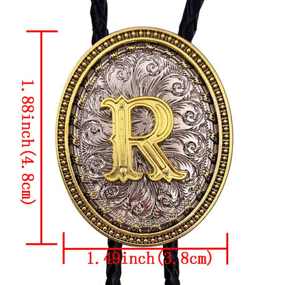 XGALBLA Golden Western Bolo Tie Initial Letter R in Ellipse Flower Cowboy with Cowhide Rope Necktie for Women
