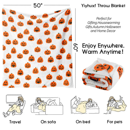 Yiyhuxf Halloween Pumpkin Face Blanket - Orange Flannel Fleece Throw for Home, Living Room, Bed, Chair Decor - 60"x50"