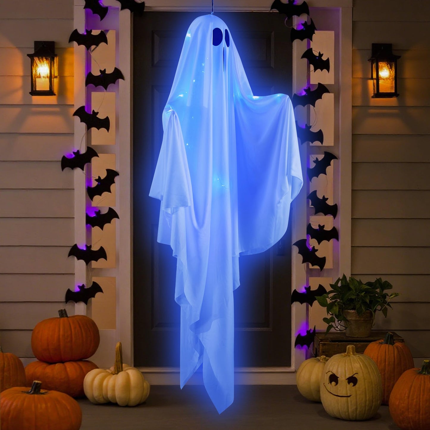 Hogrance Halloween Decorations Outdoor, White Hanging Ghost Hanging Light up with Blue LED Light, Halloween Window Decoration for Front Yard Patio Lawn Garden Party Decor Indoor Outside (Blue)