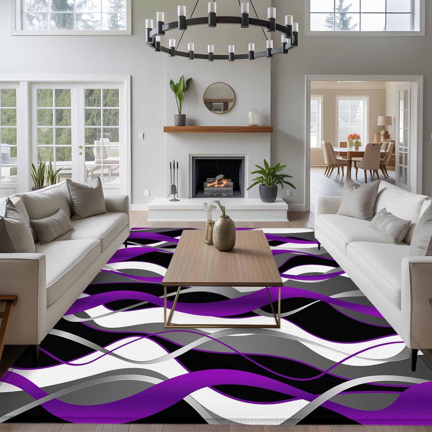 8'x10' Area Rug for Living Room, Purple Black Grey Moire Washable Non-Slip Large Carpet for Bedroom Dining Room, Abstract Modern Geometric Lines StainResistant & Non-Shedding Accent Rug for Kitchen