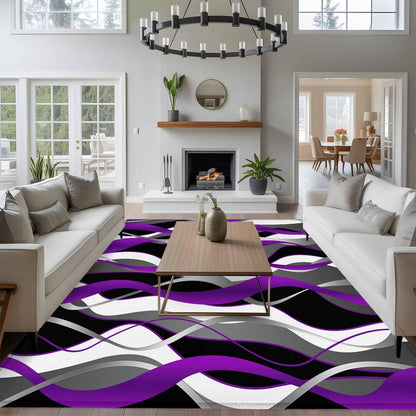 8'x10' Area Rug for Living Room, Purple Black Grey Moire Washable Non-Slip Large Carpet for Bedroom Dining Room, Abstract Modern Geometric Lines StainResistant & Non-Shedding Accent Rug for Kitchen