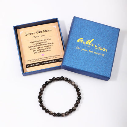 AD Beads 6mm Handmade Silver Obsidian Elastic Bracelet – Natural Gemstone for Protection – Meditation, Yoga, Healing and Energy Gift for Men Women