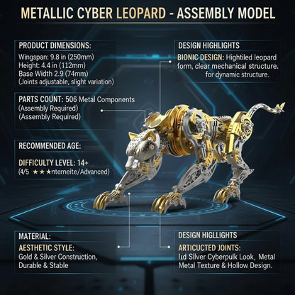 Leopard 3D Metal Puzzles for Adults, 506PCS Stainless Steel DIY Mechanical Metal Model Kits, No Glue Assembly with Movable Joints, Challenging Metal Building Kit Desk Decor Gift(Gold-Leopard)