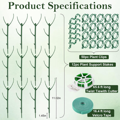 12pcs Plant Support Stakes, Monstera Plant Support Stakes for Indoor Plants with 20 Meter Binding Wire, 2 Meter Velcro Roll and 50 pcs plant clips, Perfect for Supporting Monstera and Climbing Plants