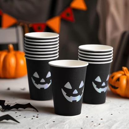 Confettiville Halloween Disposable Paper Party Cups, Bulk 50 Pack, Leak-Resistant, 12 oz Hot and Cold Cups for Restaurants and Parties, Jack-O-Lantern, Black & Silver