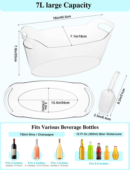 HOYTST 7L Ice Buckets for Parties, 2-Pack Clear Acrylic Champagne Bucket, Large Beverage Tub with Scoop, Portable Cooler Barrel for Cocktail, Beer, Wine Drinks, Mimosa Bar Supplies