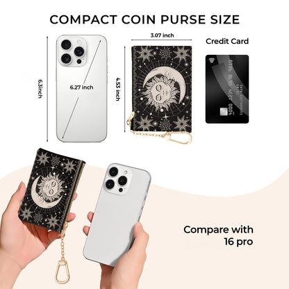 Sukyerios Sun Moon Keychain Coin Purse for Women, Small PU Leather Change Pouch, Zipper Little Tiny Travel Wallet for Girls, Cute Kawaii Zip Pocket Coin Holder with Key Ring