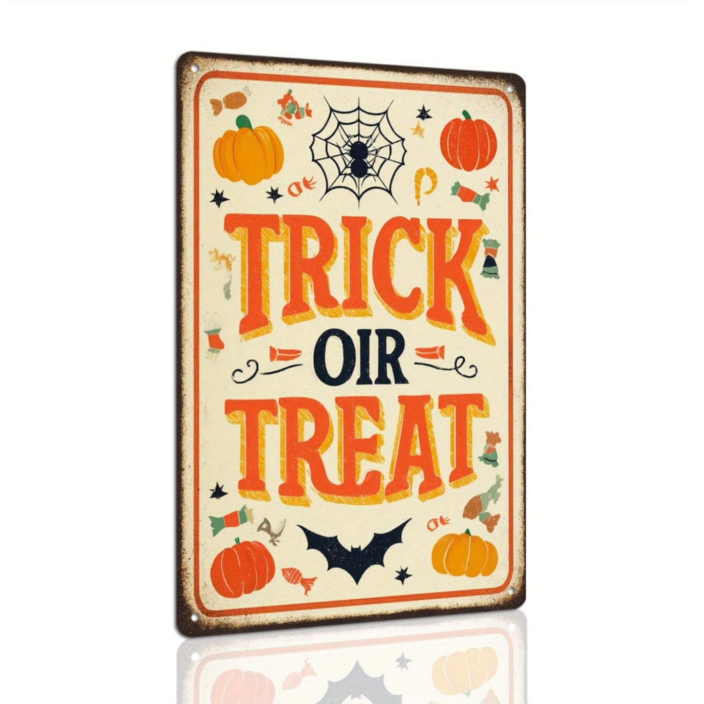 Trick or Treat Halloween Pumpkin Spider Web Candy Retro Metal Tin Sign Wall Art Decor for Front Door Home Halloween Party Indoor Outdoor 8x12 Inch