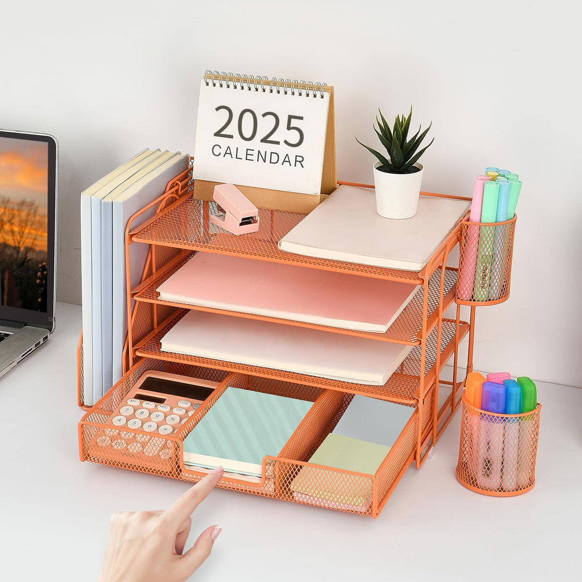 gianotter Paper Letter Tray Organizer with File Holder, 4-Tier Desk Accessories & Workspace Desk Organizers with Drawer and 2 Pen Holder for Office Supplies (Orange)