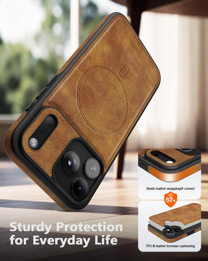 MOLLNSSN Magnetic for iPhone 17 Pro Max Leather Case, [Compatible with Magsafe] Business Classic Style Shockproof Men Women，Protective Slim fit Phone Cover for iPhone 17 Pro Max, Brown