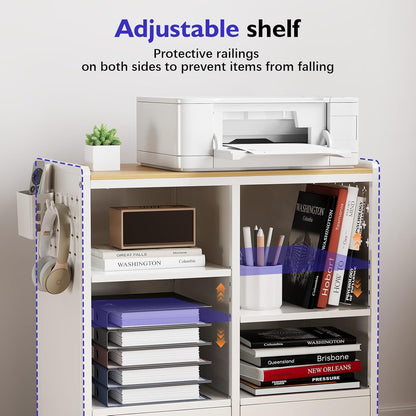TOOLF 2-Drawer Mobile File Cabinet with Wheels, MDF Wooden Panel Printer Stand with Adjustable Shelves, 2 Storage Bins & 4 Hooks, Home Office Organization, White