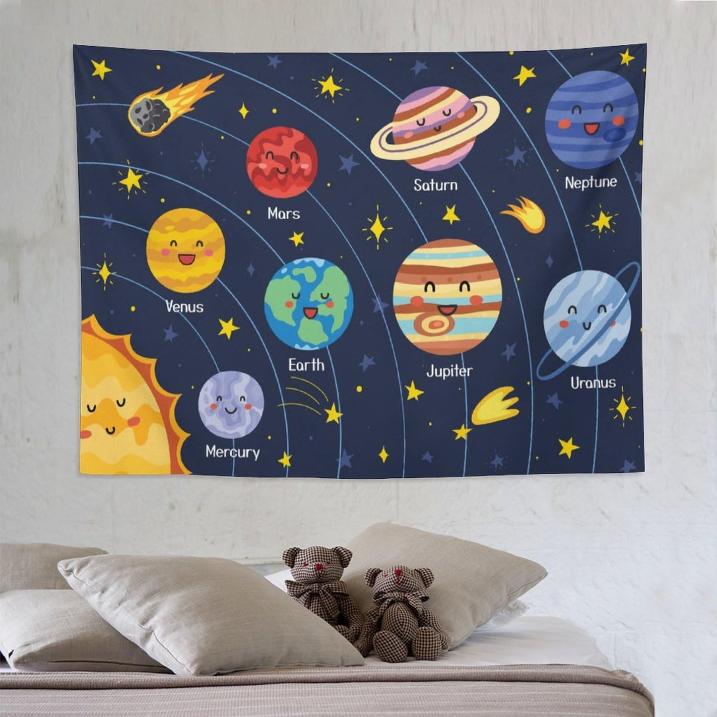 DDCBNS Cartoon Solar System Tapestry for Kids Boys Girls,Cute Outer Space Planet Universe Galaxy Print Tapestry Wall Hanging Home Décor for Study Bedroom Living Room Nursery 80" x 60"