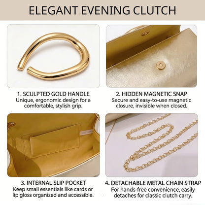 MYHOZEE Clutch Purses for Women Formal Black Clutch Vegan Leather Evening Bag Elegant Wedding Clutch Detachable Chain Handbag Trendy Gold Handle Purses