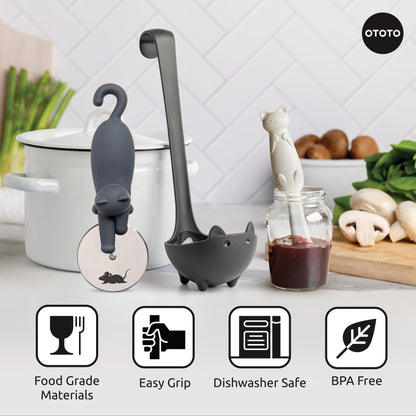 OTOTO Muscateers Bundle of Mary Cat, Katie, Kitty - Jar Scraper Spatula, Soup Ladle, Pizza Cutter - Cute Kitchen Accessories, Spooky Gothic Cat Gifts for Women, Kitchen Gifts, Halloween Gifts